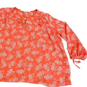 Collective Concepts Orange Floral V-Neck Blouse Tie Cuff Long Sleeve Top Small
